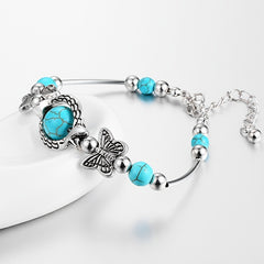Vintage Silver Turquoise Butterfly Bracelet Chain Beads Bangle Wedding Gift