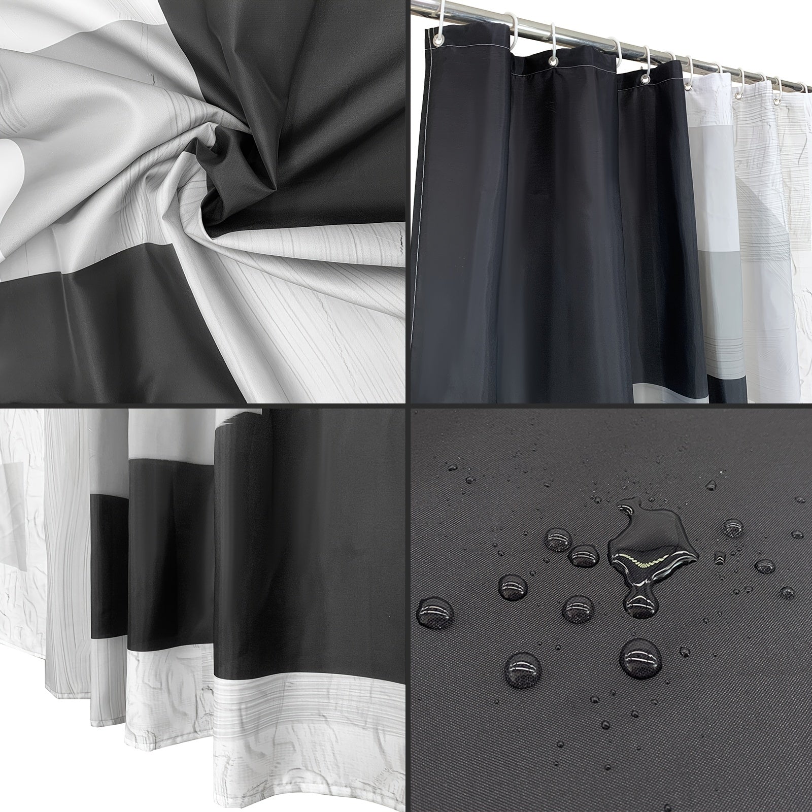 4 Piece Bathroom Set: Shower Curtain, Rugs, Non Slip Mat & Hooks
