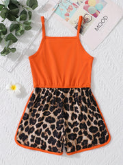 Girls Leopard Stitching Cami Romper & Fit Kids Short Jumpsuit