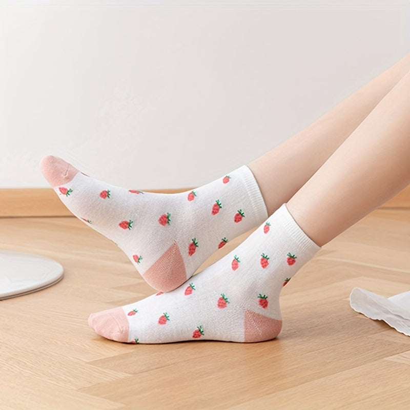 5 Pairs Strawberry Print Socks Mid Tube Women's Stockings