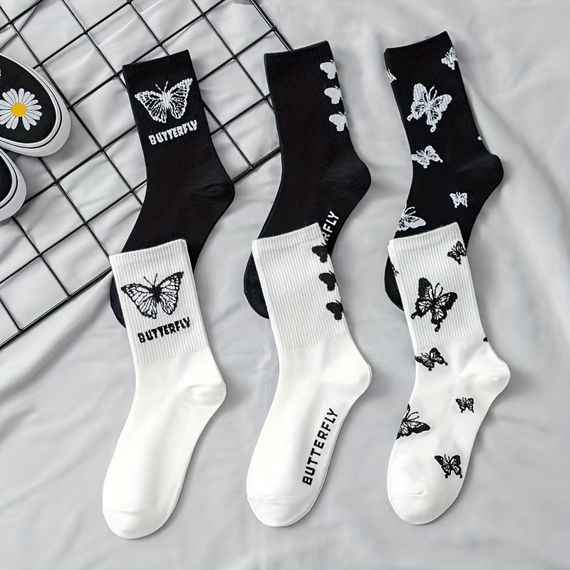 6 Pairs Butterfly Print Mid Tube Socks Women's Stockings