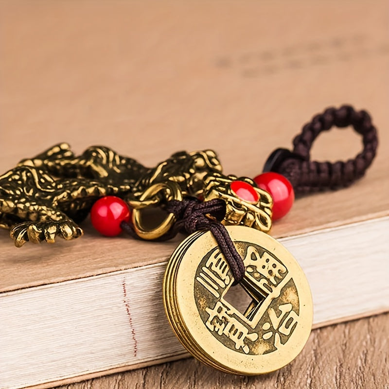 Vintage Zodiac Dragon Fengshui Coin Keychain Brass Car Key Chain