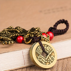 Vintage Zodiac Dragon Fengshui Coin Keychain Brass Car Key Chain