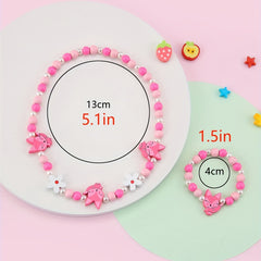 Pink Wood Fox Flower Beads Jewelry Set