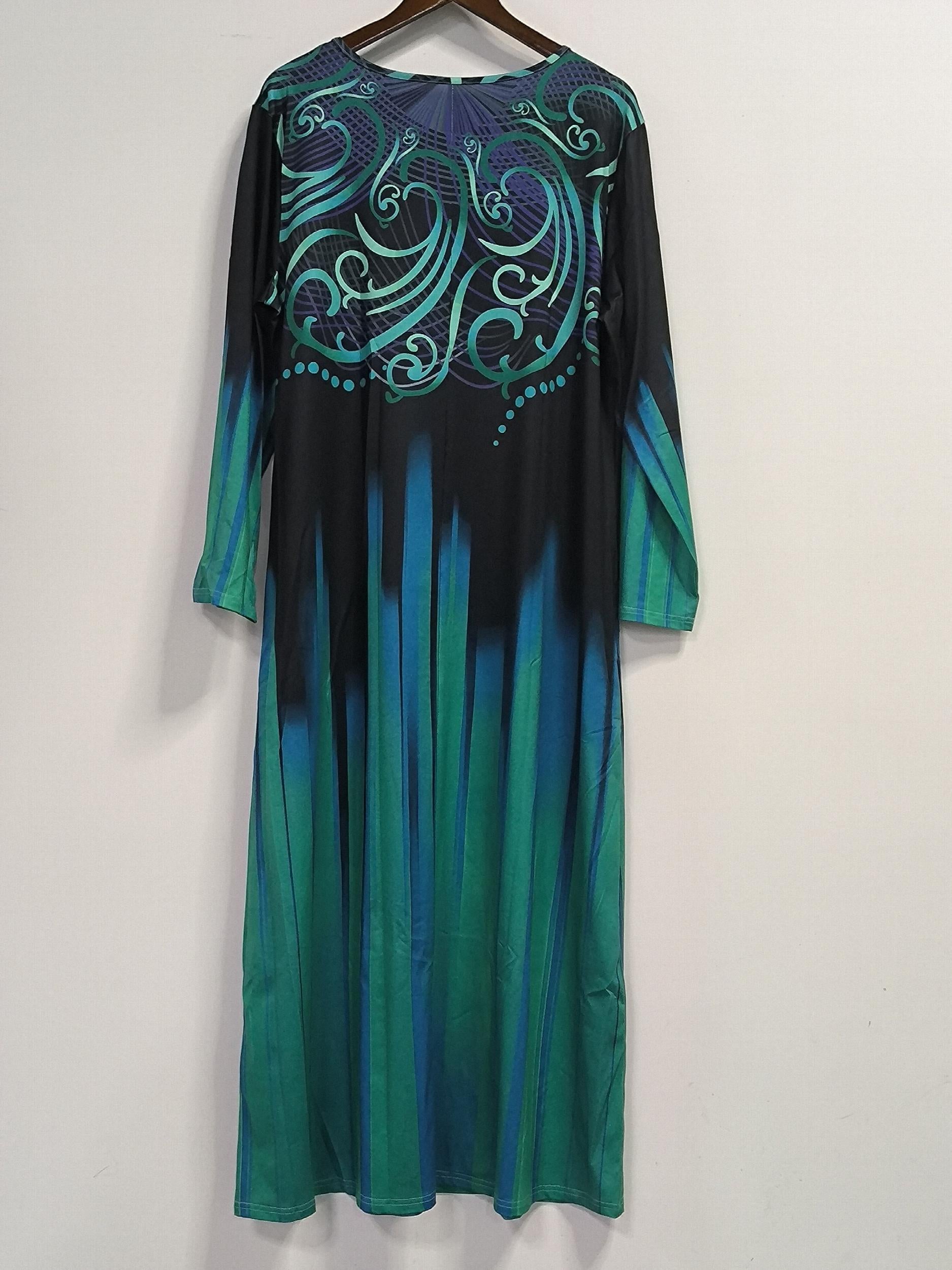  Women's Maxi Dress Graphic Print Long Sleeve Round Neck