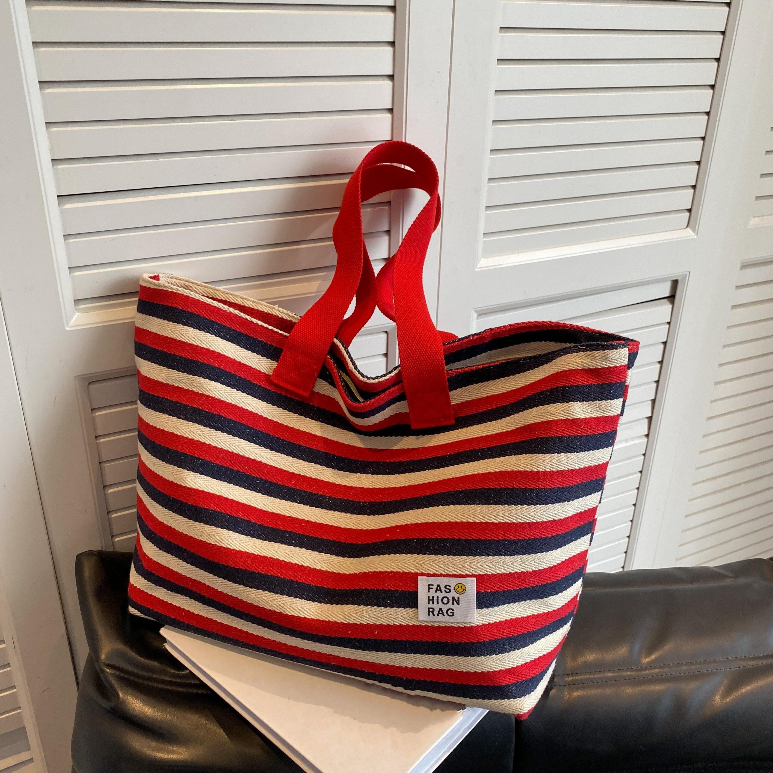 Striped Canvas Tote Bag Shoulder Handbag Travel Commuter