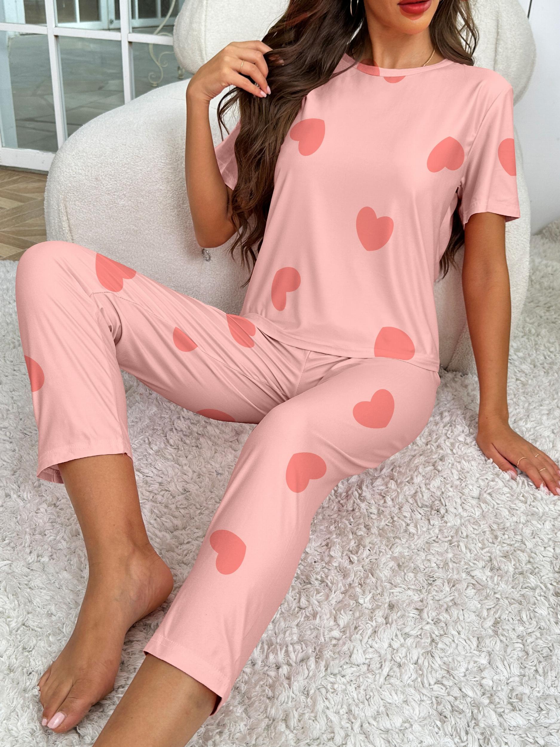Heart Print Pajama Set Short Sleeve Crew Neck Top & Elastic Waistband Pants