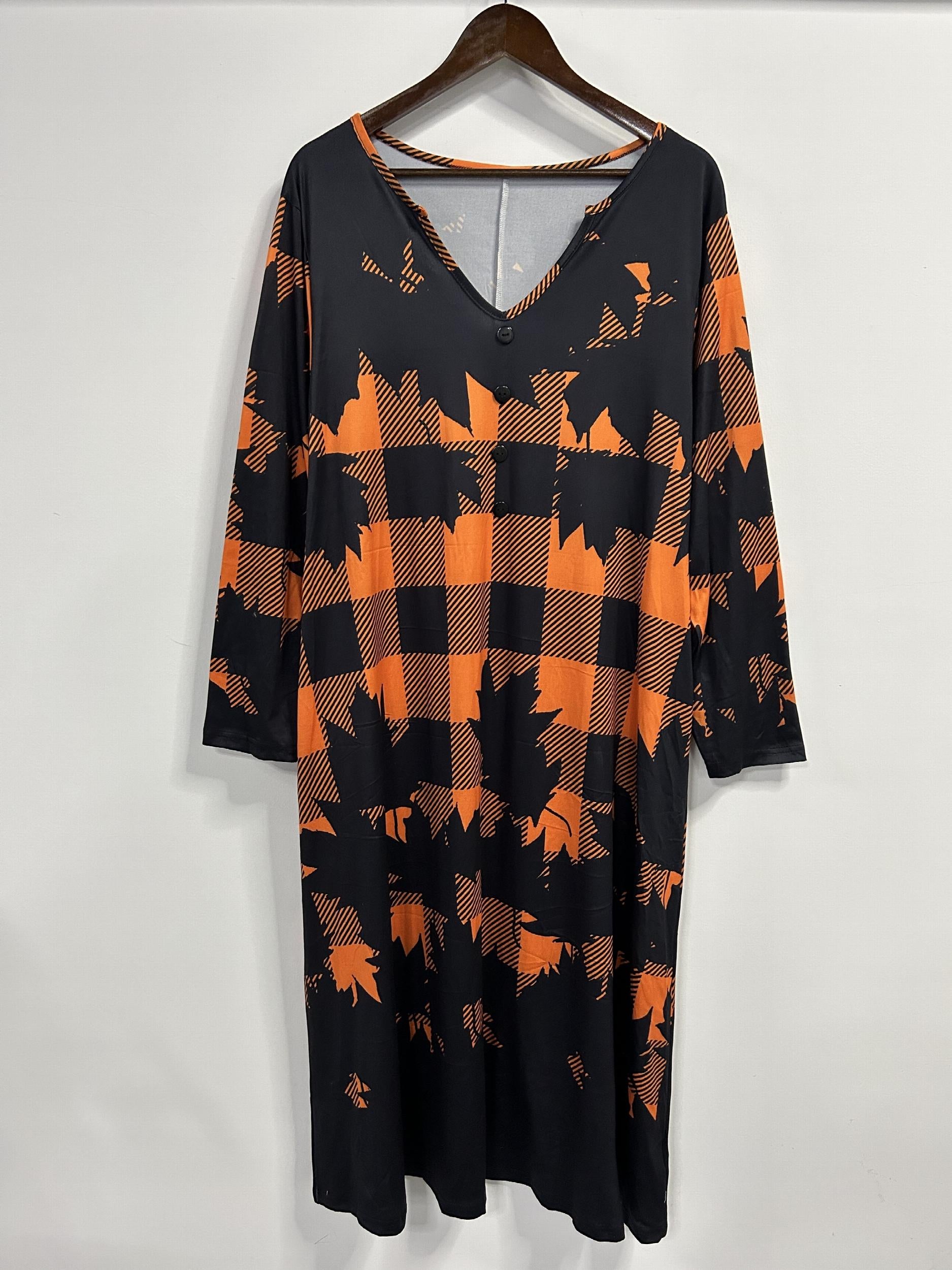 Women's Plus Plaid & Leaf Print Maxi Dress