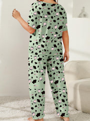  Cow & Letter Print Pajama Set Short Sleeve Tee & Pants Two Piece