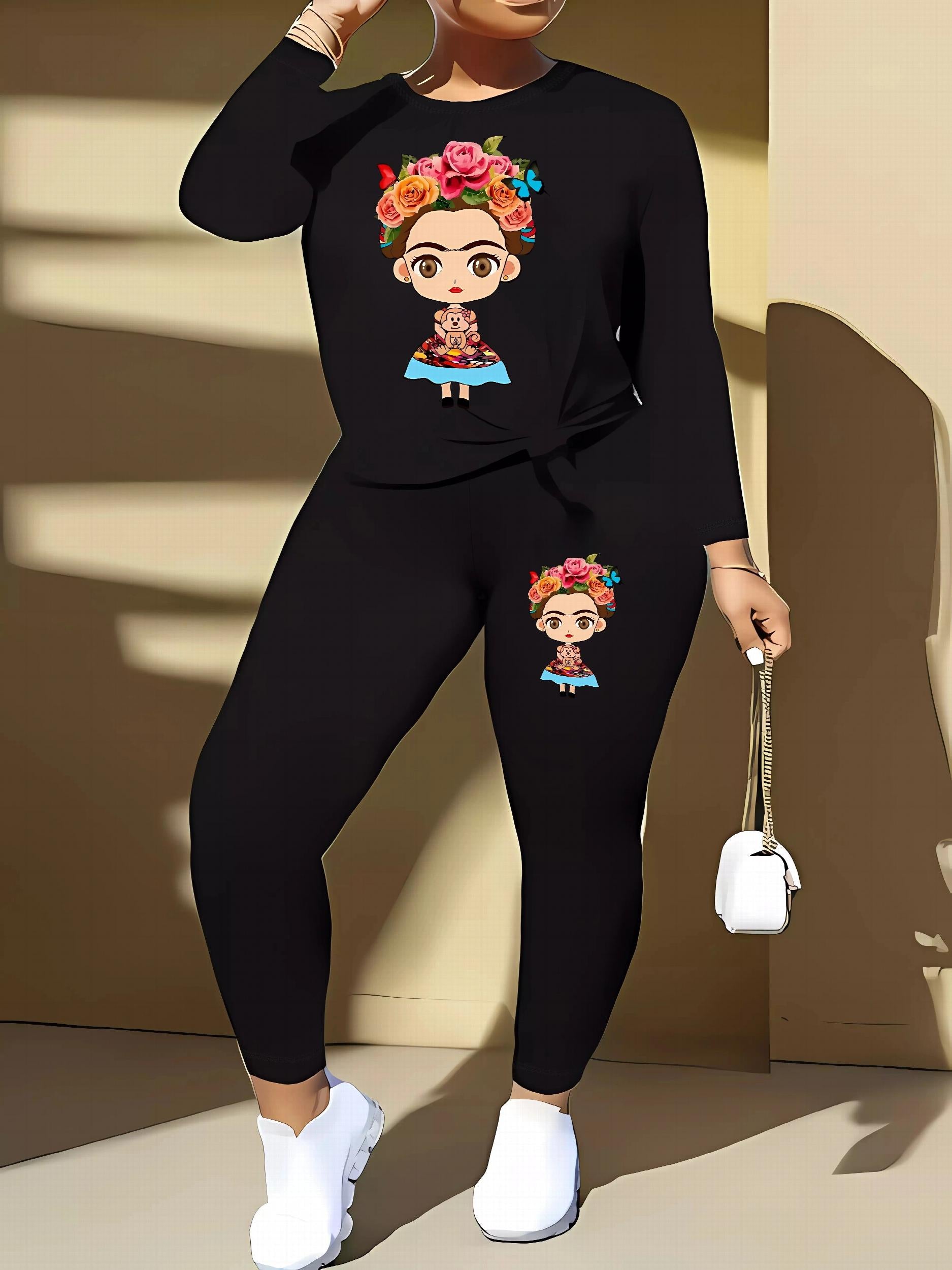  Cartoon Figure Print Long Sleeve Top & Leggings Set