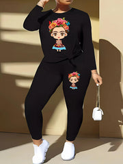  Cartoon Figure Print Long Sleeve Top & Leggings Set
