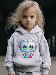 Girls Robot Pattern Hooded Sweatshirt & Sweatpants Set