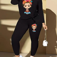  Cartoon Figure Print Long Sleeve Top & Leggings Set
