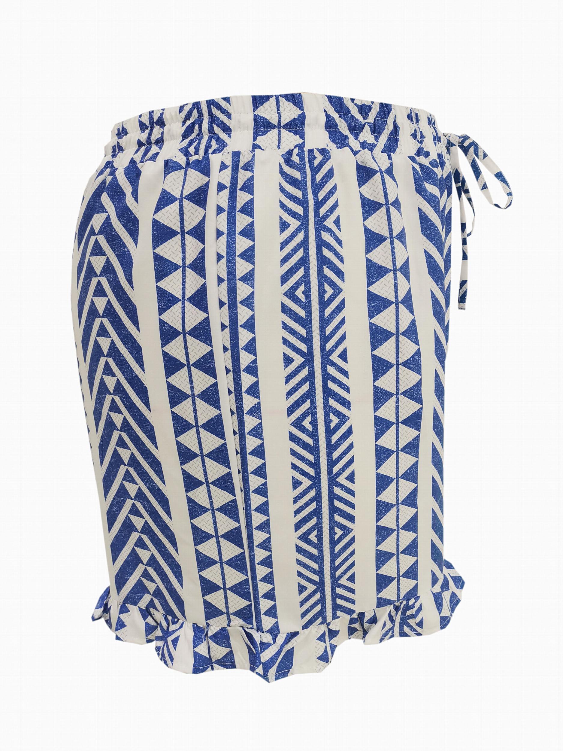  Geometric Print Ruffle Trim Wide Leg Drawstring Shorts