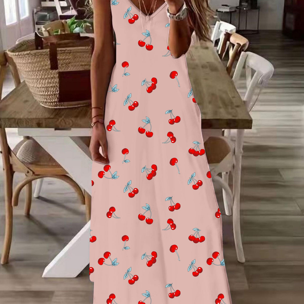  Casual Dress Women's Plus Cherry Print V Neck Maxi Cami Dress