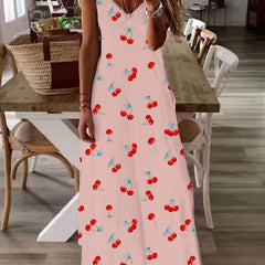  Casual Dress Women's Plus Cherry Print V Neck Maxi Cami Dress