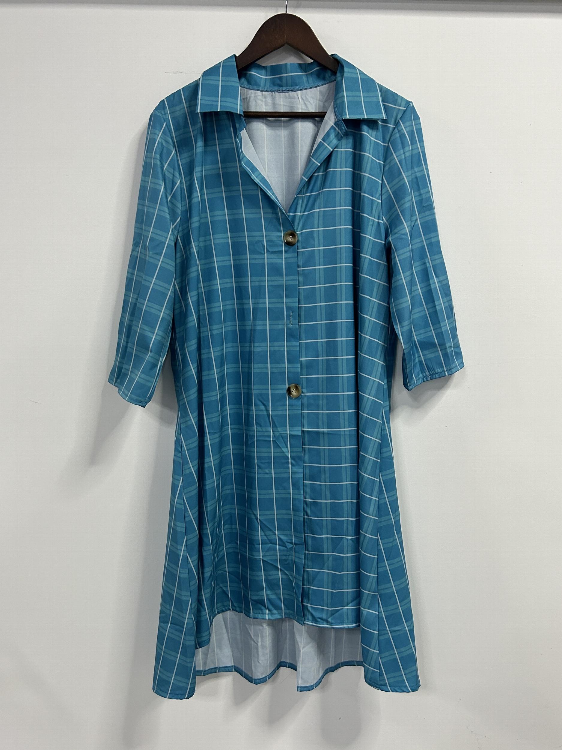  Women's Grid Print Button Up Shirt Dress
