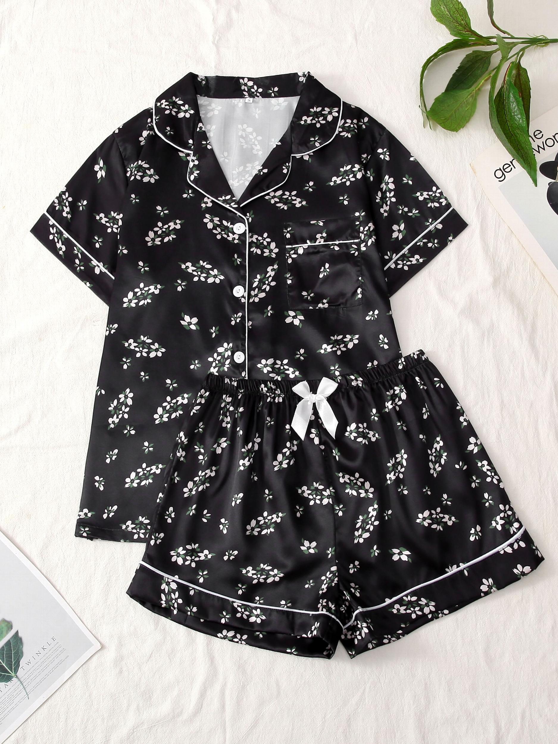 Flower Print Satin Pajama Set Comfy Short Sleeve Pocket Lapel Top & Bow Shorts