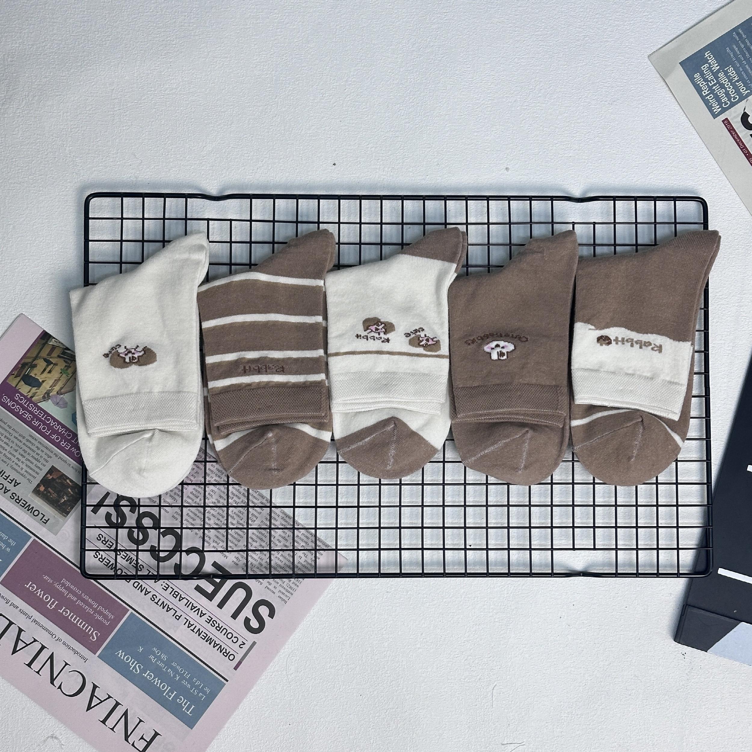 5 Pairs Cartoon Rabbit & Letter Print Socks Soft Mid Tube Women's Stockings