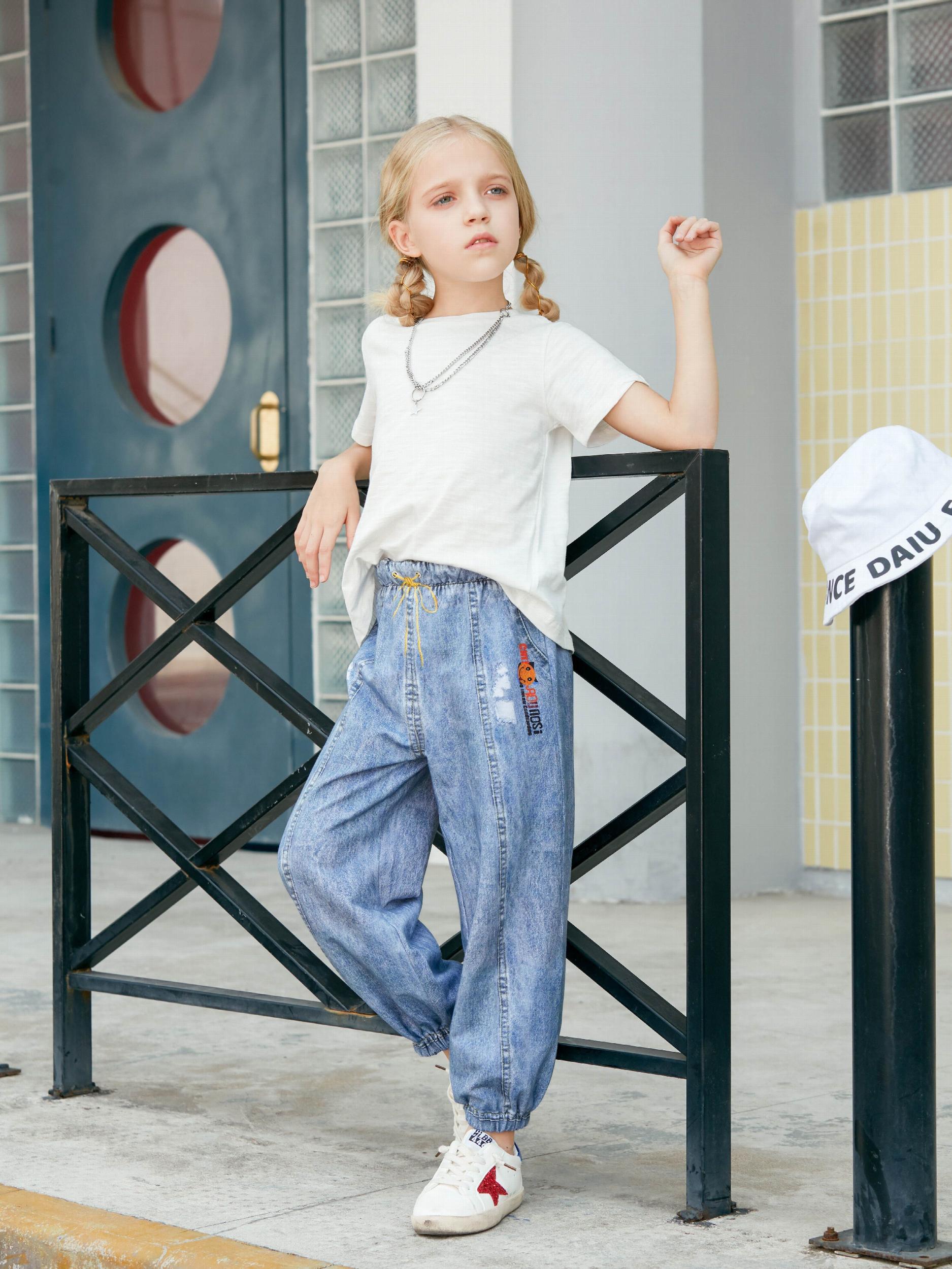 Kids Faux Denim Cotton Trousers Soft Washed Non-fading