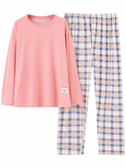  Casual Pajamas Set Women's Soft Tee & Plaid Pants 2pcs Set