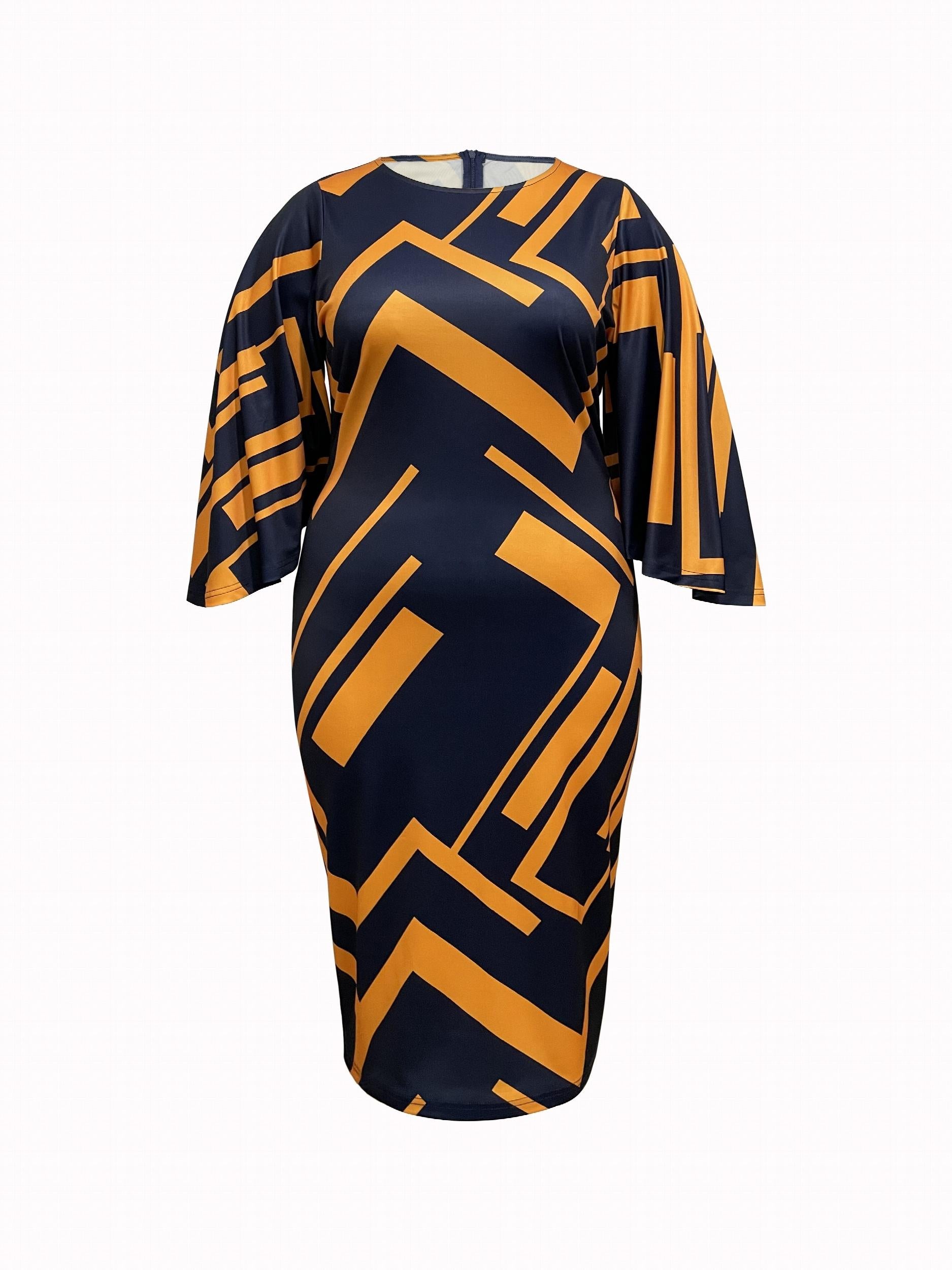  Geometric Print Round Neck Bodycon Midi Dress