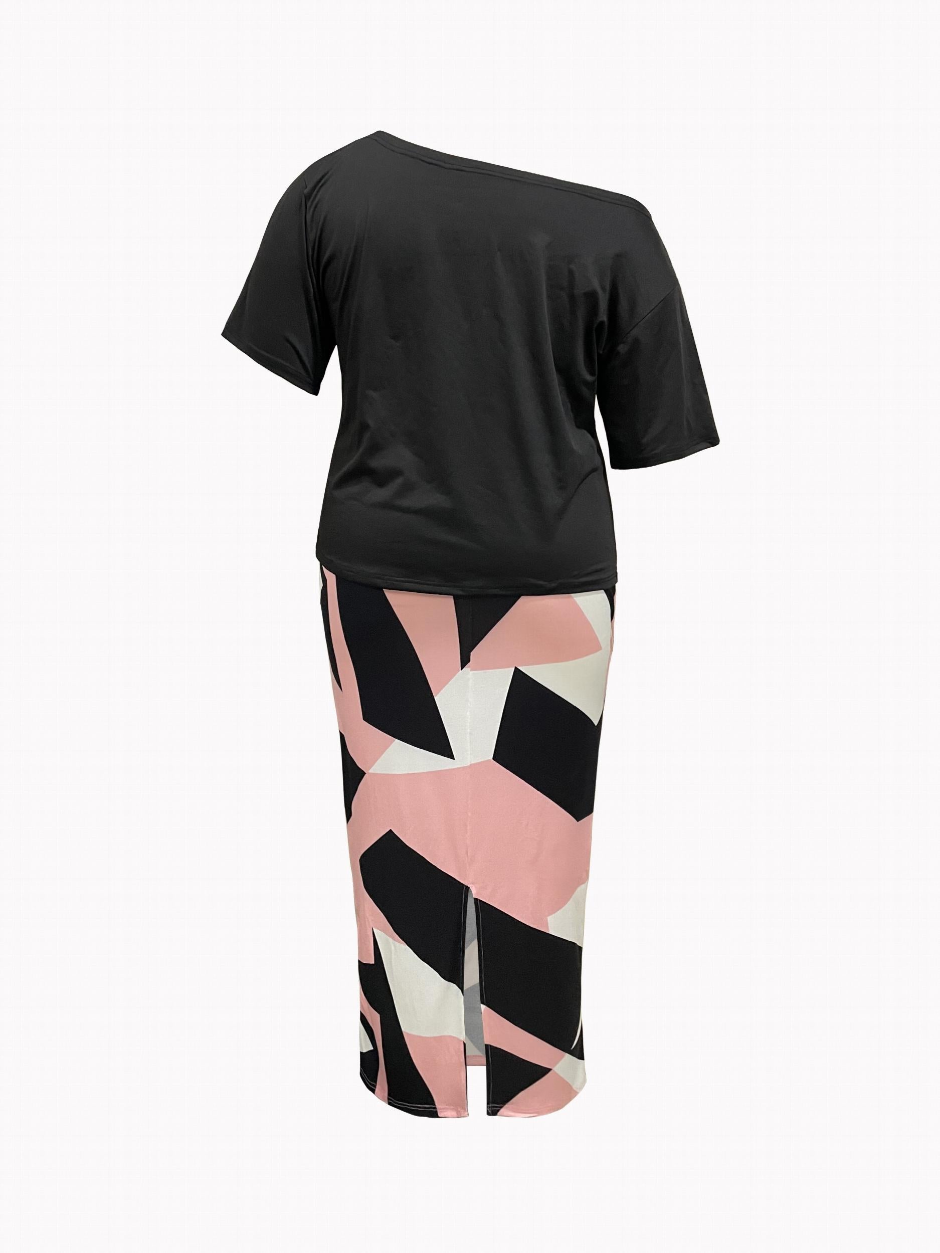  Cross Letter & Geo Print One Shoulder Top & Skirt Set