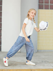 Kids Faux Denim Cotton Trousers Soft Washed Non-fading