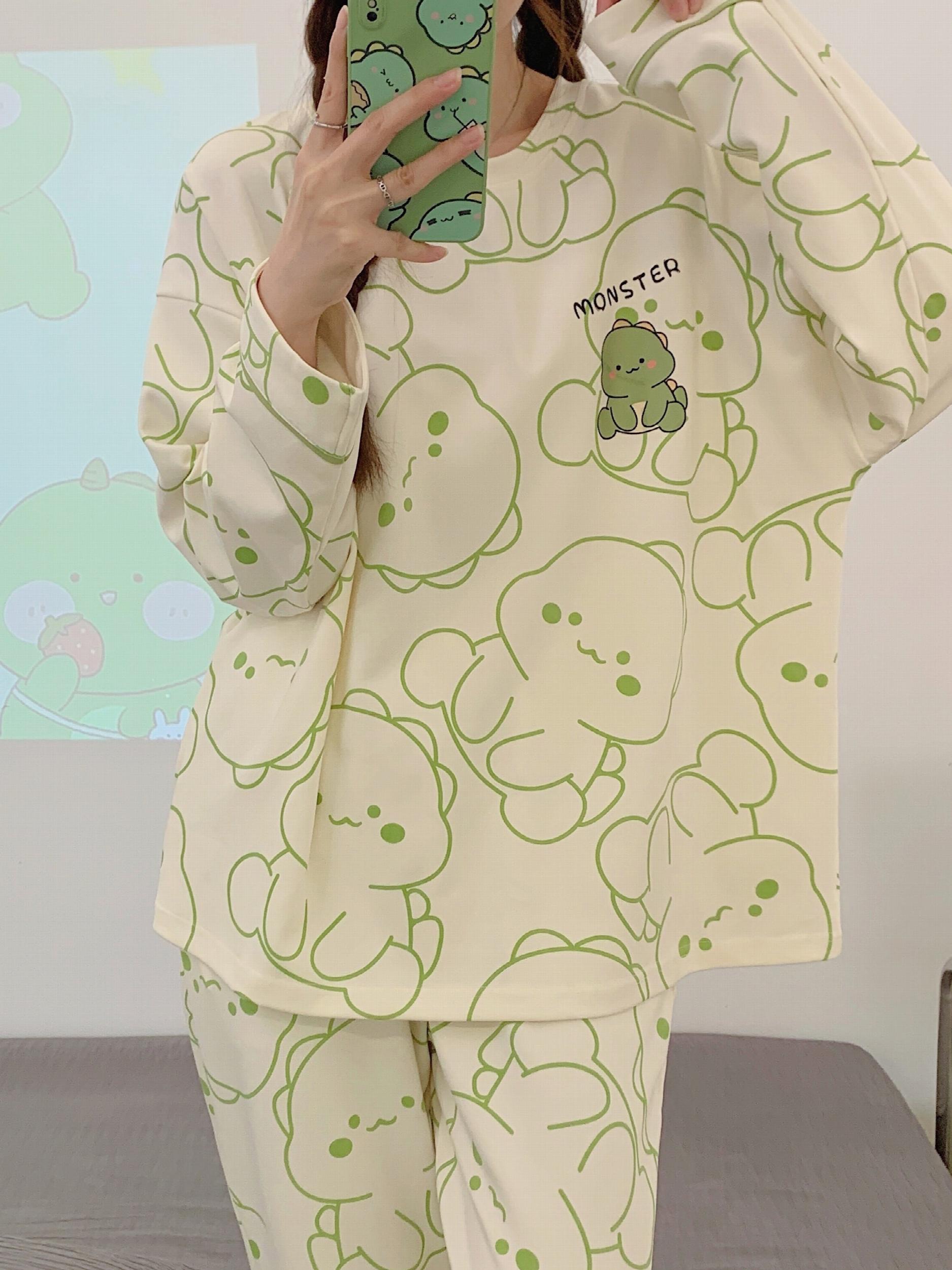 Dino Print Pajama Set Long Sleeve Top & Pants Women's Sleepwear