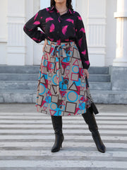  Geometric Print Knot Front Midi Skirt