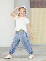 Kids Faux Denim Cotton Trousers Soft Washed Non-fading