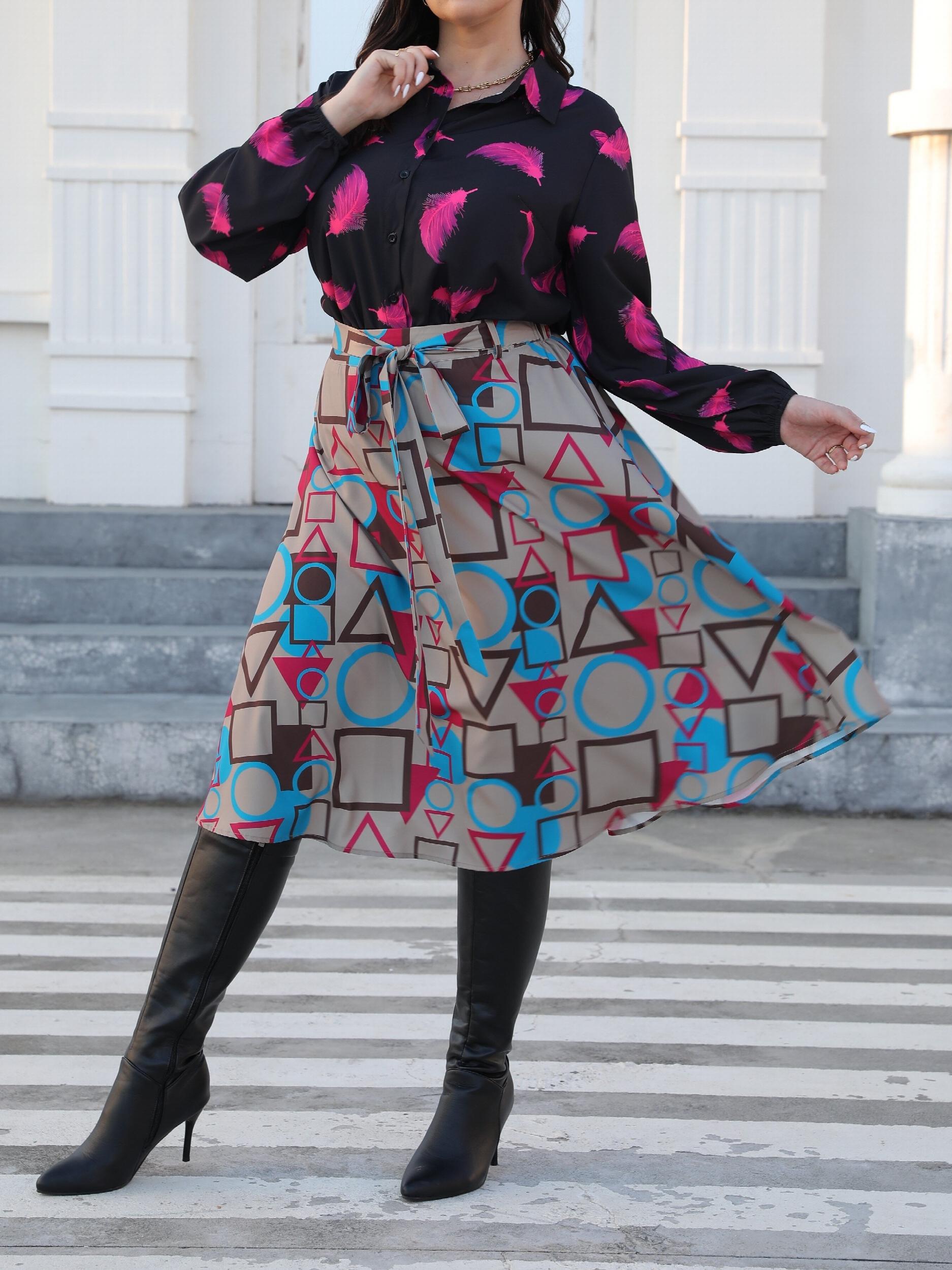  Geometric Print Knot Front Midi Skirt