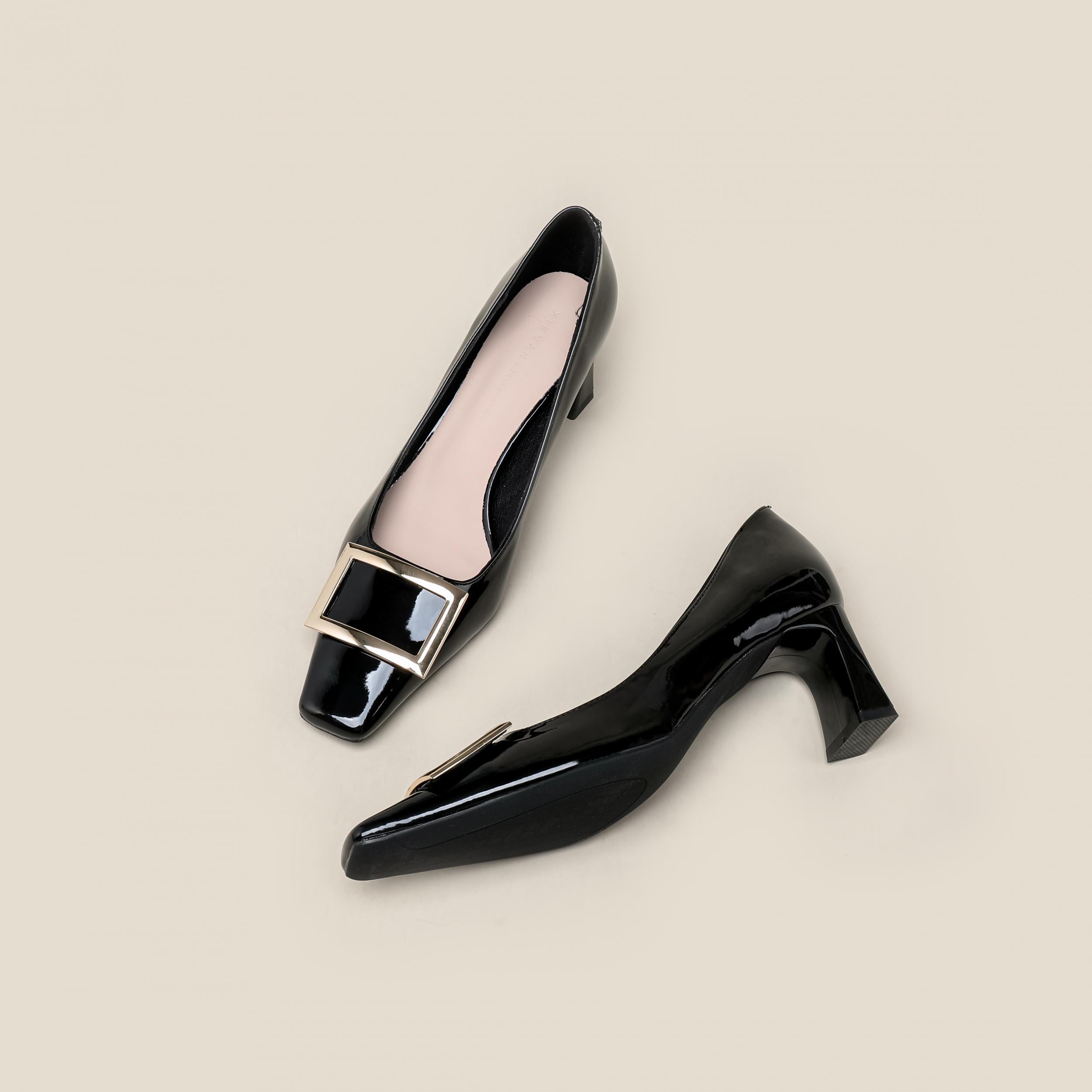 Women's Square Buckle Pumps Square Toe Chunky Heels