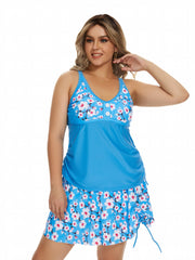  Floral Print Tankini Set Women's Lace Up Top & Skirt Swimsuit