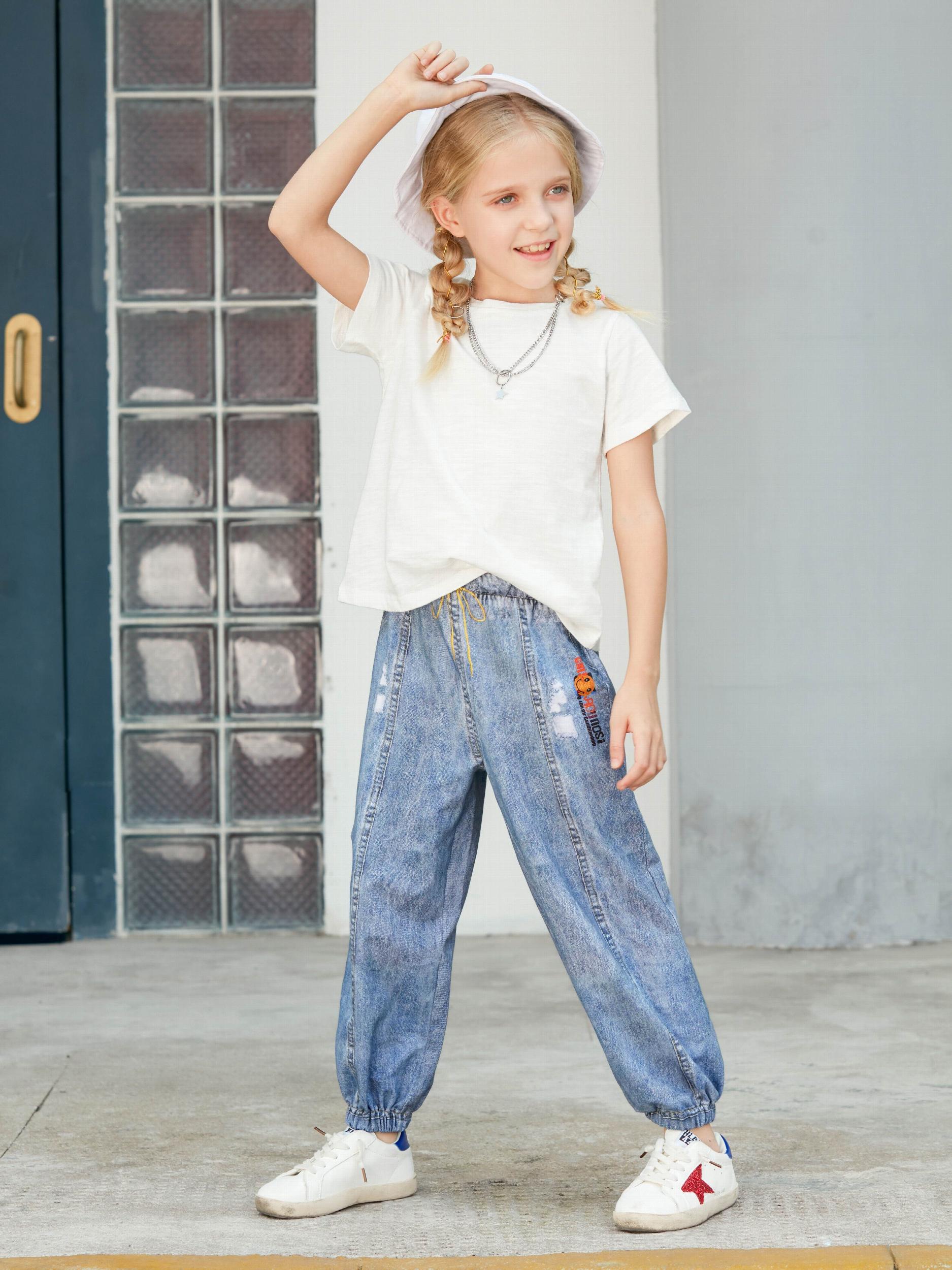 Kids Faux Denim Cotton Trousers Soft Washed Non-fading