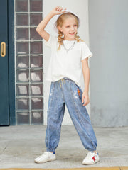 Kids Faux Denim Cotton Trousers Soft Washed Non-fading