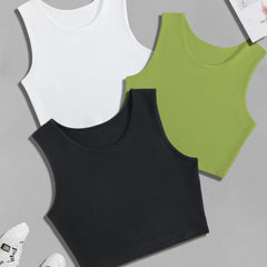Y2K Crop Tank Top 3pcs Set Sleeveless Crew Neck Casual Top