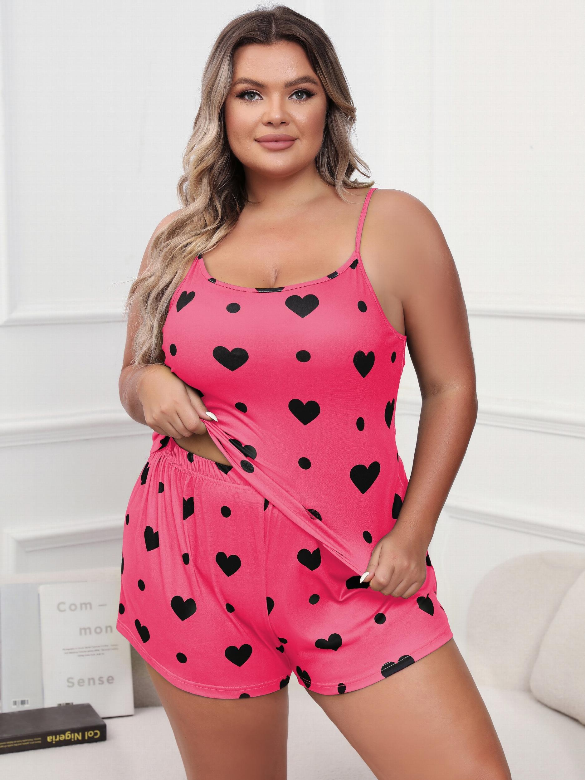  Heart & Dot Print Pajama Set Women's Cami Top & Shorts Two Piece
