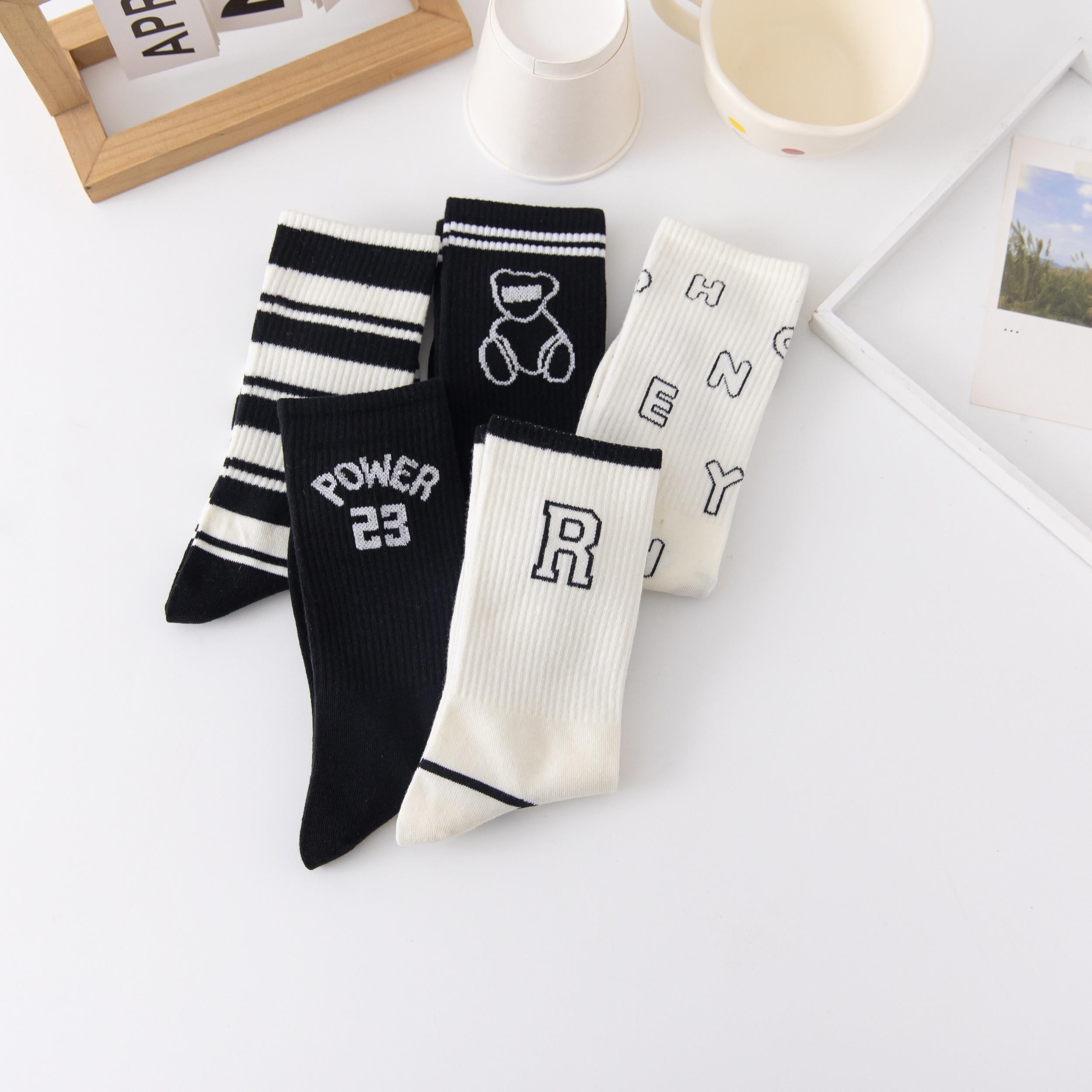 5 Pairs Letter & Stripe Print Ribbed Socks Women's Stockings