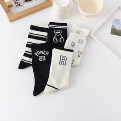 5 Pairs Letter & Stripe Print Ribbed Socks Women's Stockings