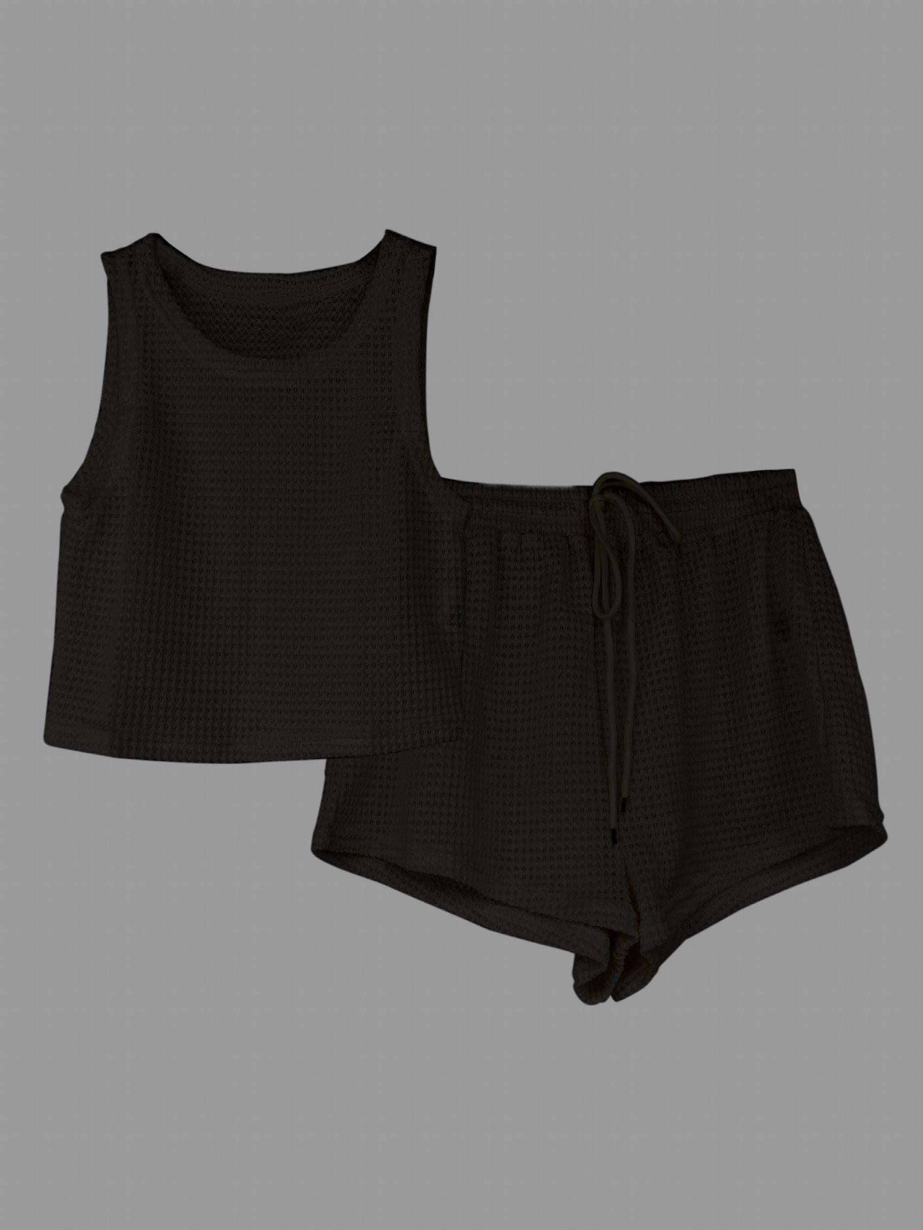 Waffle Two Piece Set Crew Neck Sleeveless Tank Top & Drawstring Shorts