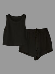 Waffle Two Piece Set Crew Neck Sleeveless Tank Top & Drawstring Shorts