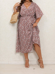  Floral Print Surplice Neck Flutter Dress