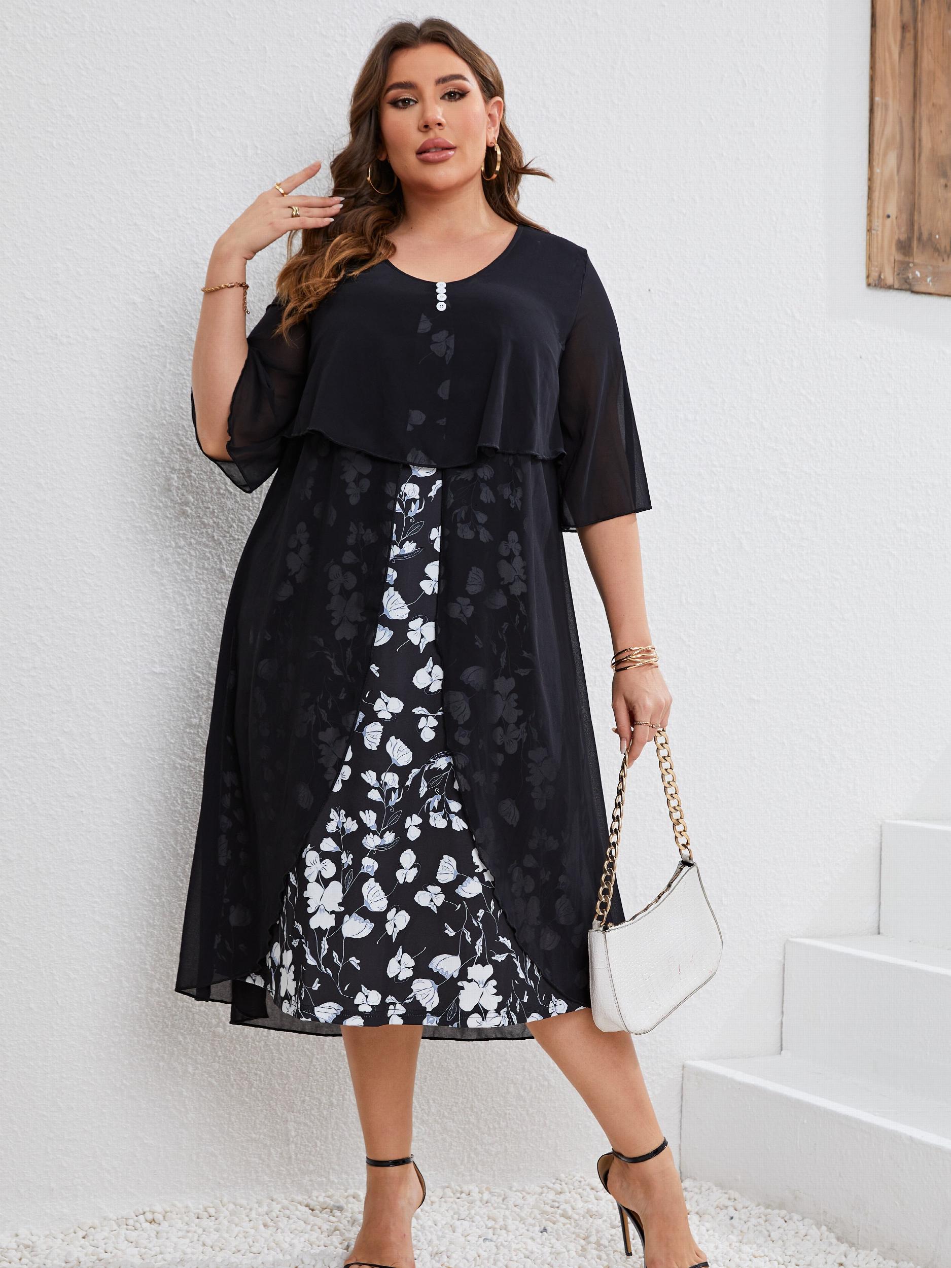  Women's Floral Print Layered Sleeve Dress