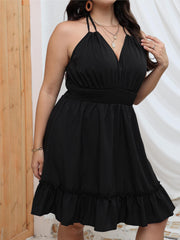  Summer Dress Deep V Neck Ruffle Trim Halter Smock Dress