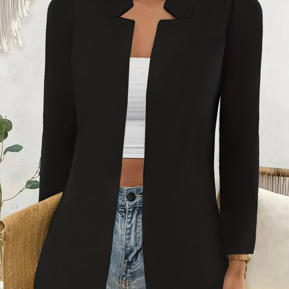  Solid Split Lapel Collar Open Front Slim Fit Blazer