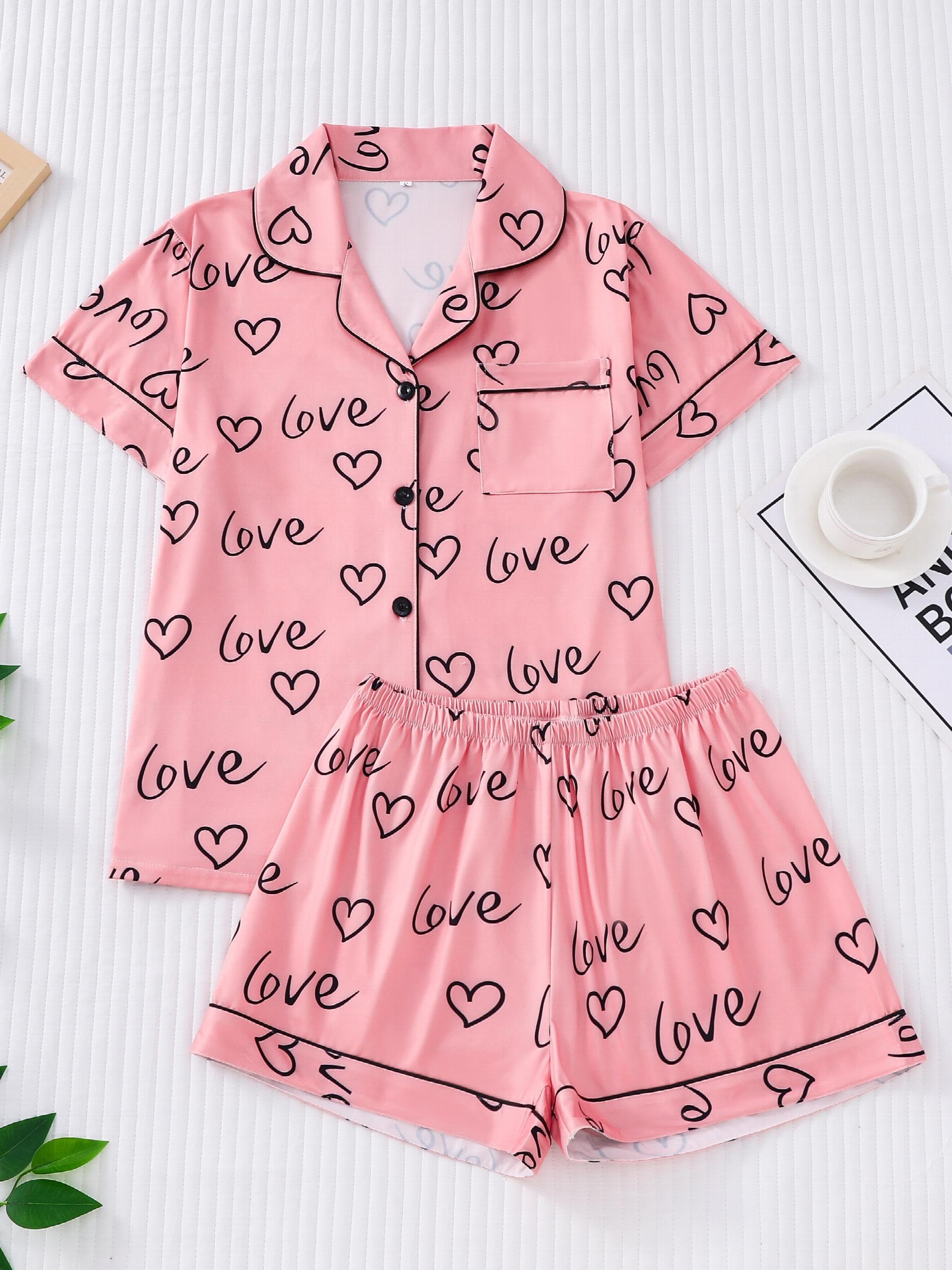 Heart Print Pajama Set Short Sleeve Buttons Top & Elastic Waistband Shorts