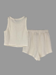 Waffle Two Piece Set Crew Neck Sleeveless Tank Top & Drawstring Shorts