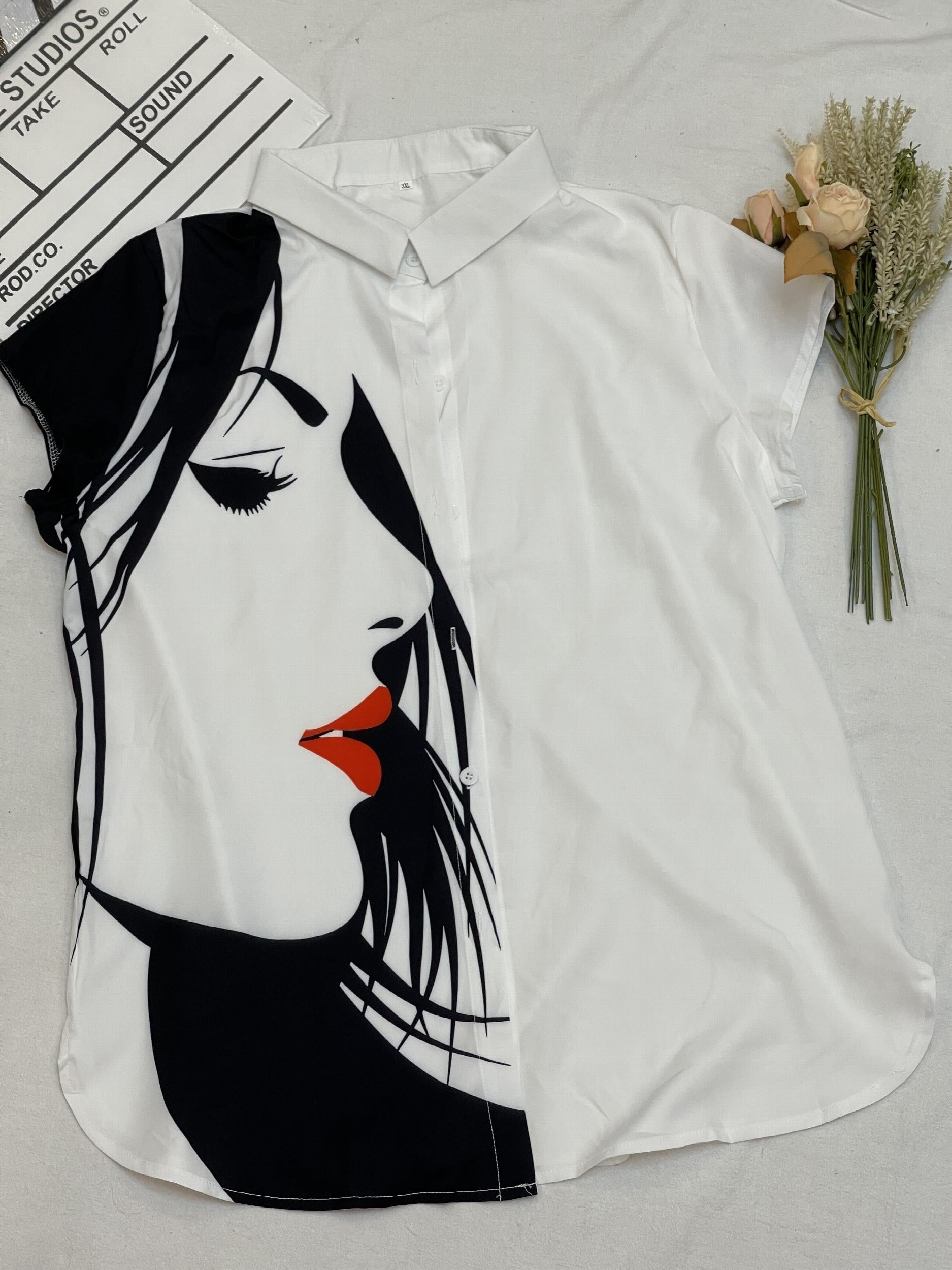  Casual Blouse Women's Plus Figure Print Cap Sleeve Turn Down Collar