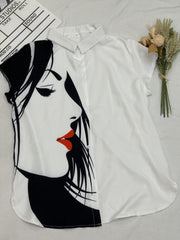  Casual Blouse Women's Plus Figure Print Cap Sleeve Turn Down Collar